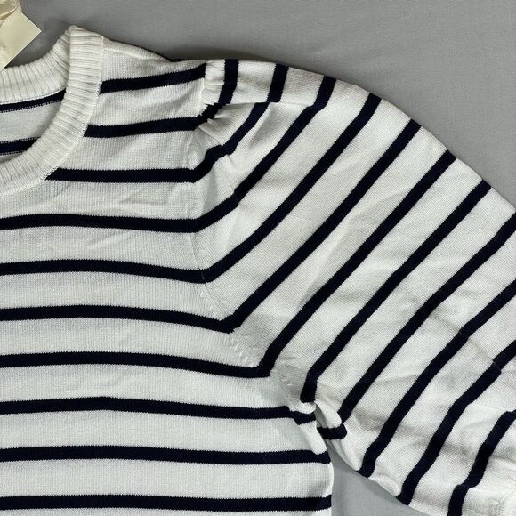 Marled Short Sleeve Sweater Women's Small Ivory Navy Stripped Preppy Basic - Picture 4 of 14